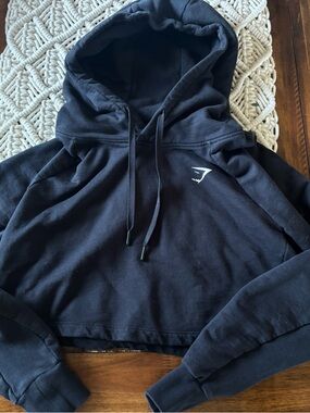 Gymshark Black Cropped Pullover Hoodie with White Logo size m